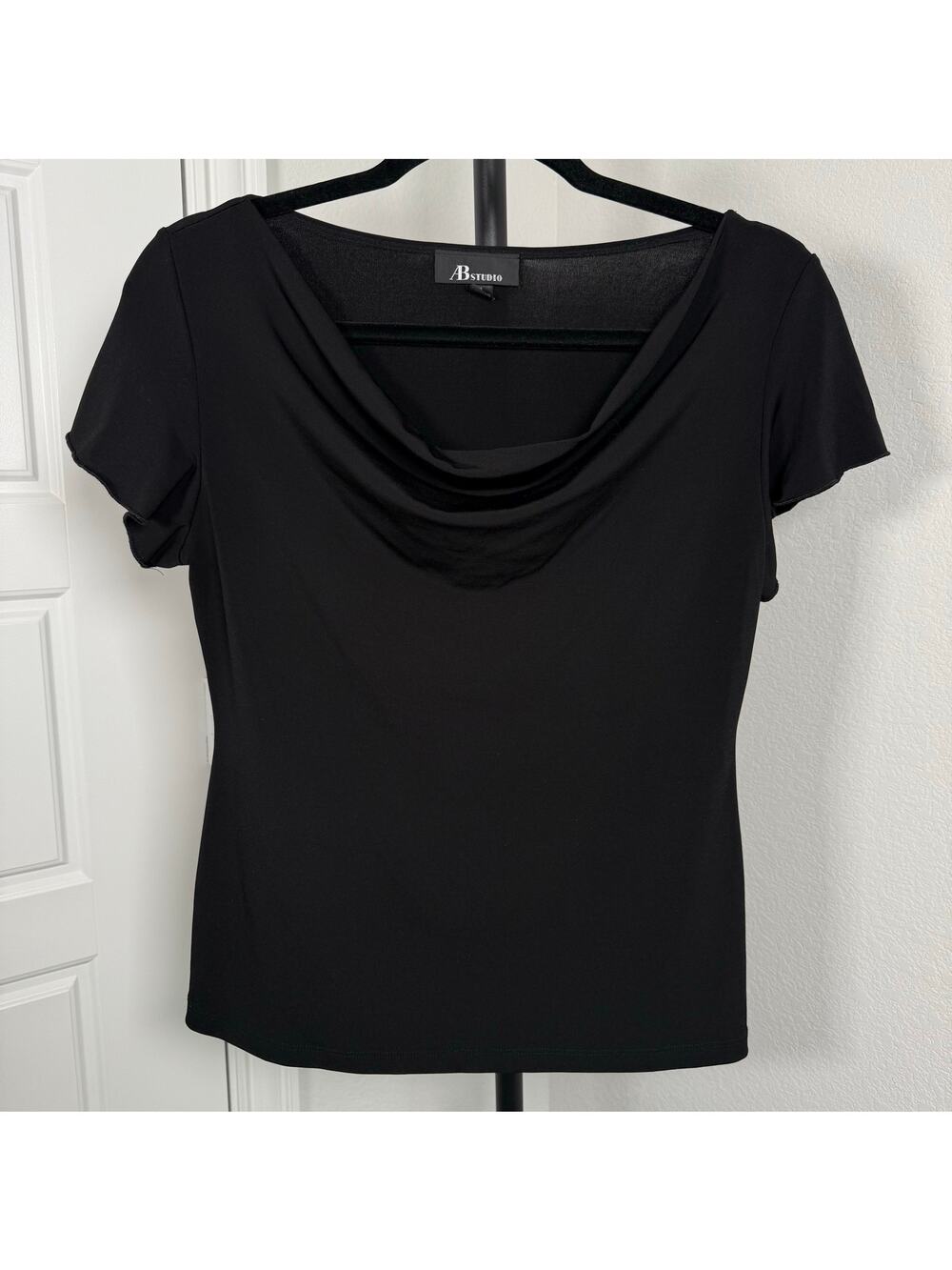 Y2K black cowl neck ruffle sleeves top AB Studio tag size medium made in usa